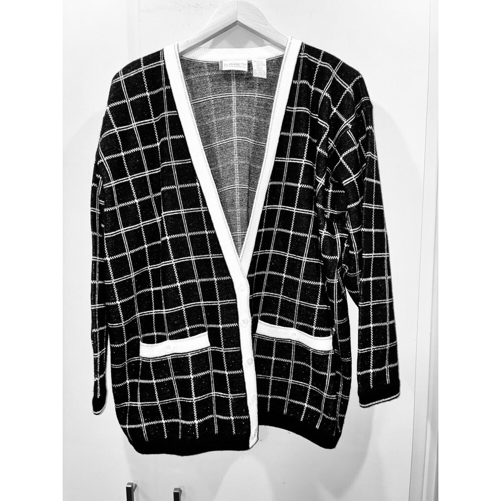 VTG Liz Claiborne Petite 2XL Black Windowpane Knit Cardigan Sweater W/ Tinsel